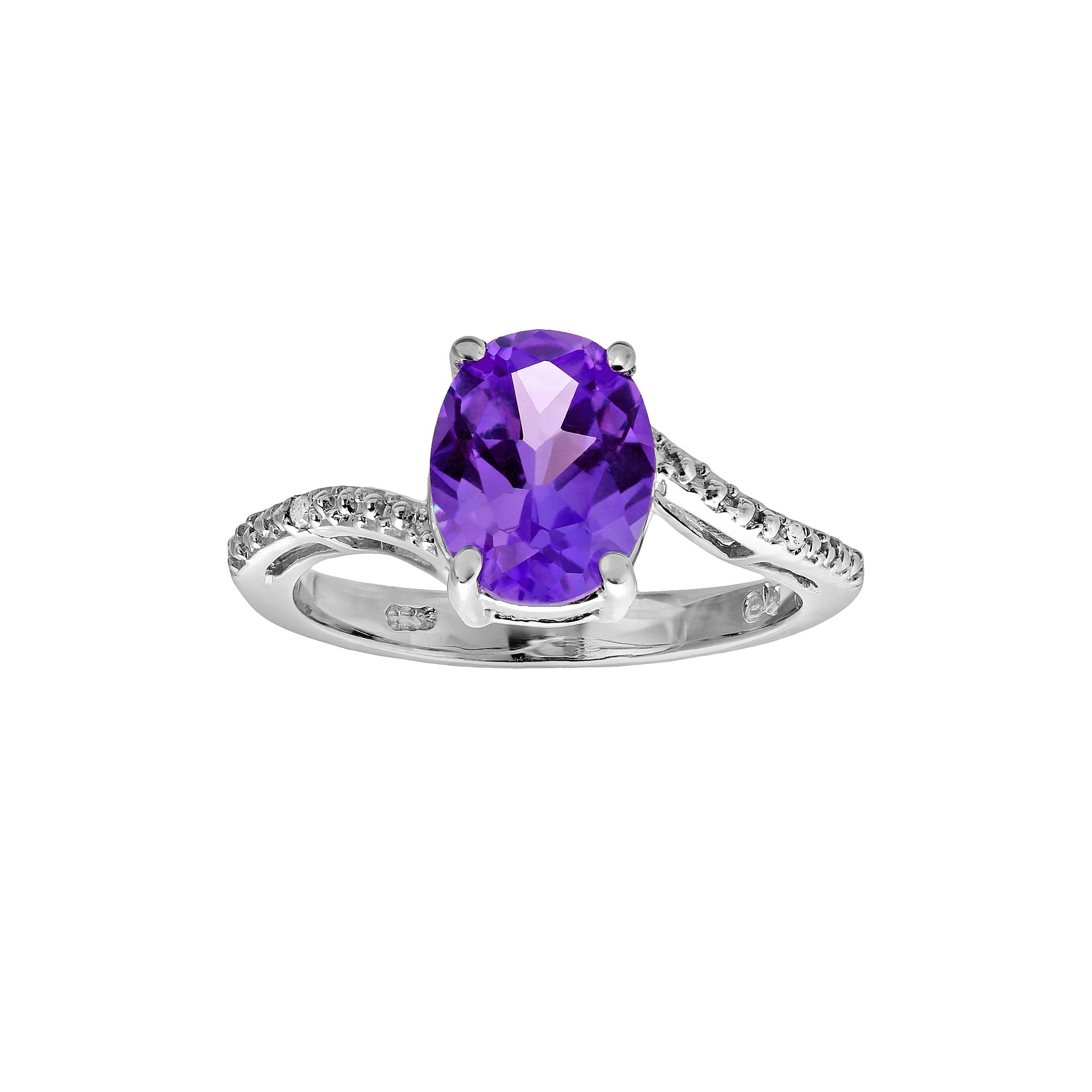 Gemminded Sterling Silver Amethyst and Diamond Accent Oval Ring, Womens, S