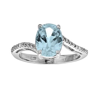 Gemminded Sterling Silver Lab-Created Aquamarine and Diamond Accent Oval Ring