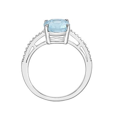 Gemminded Sterling Silver Lab-Created Aquamarine and Diamond Accent Oval Ring