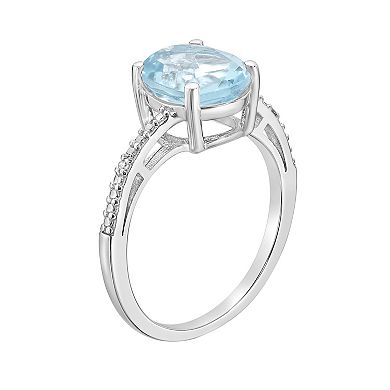 Gemminded Sterling Silver Lab-Created Aquamarine and Diamond Accent Oval Ring