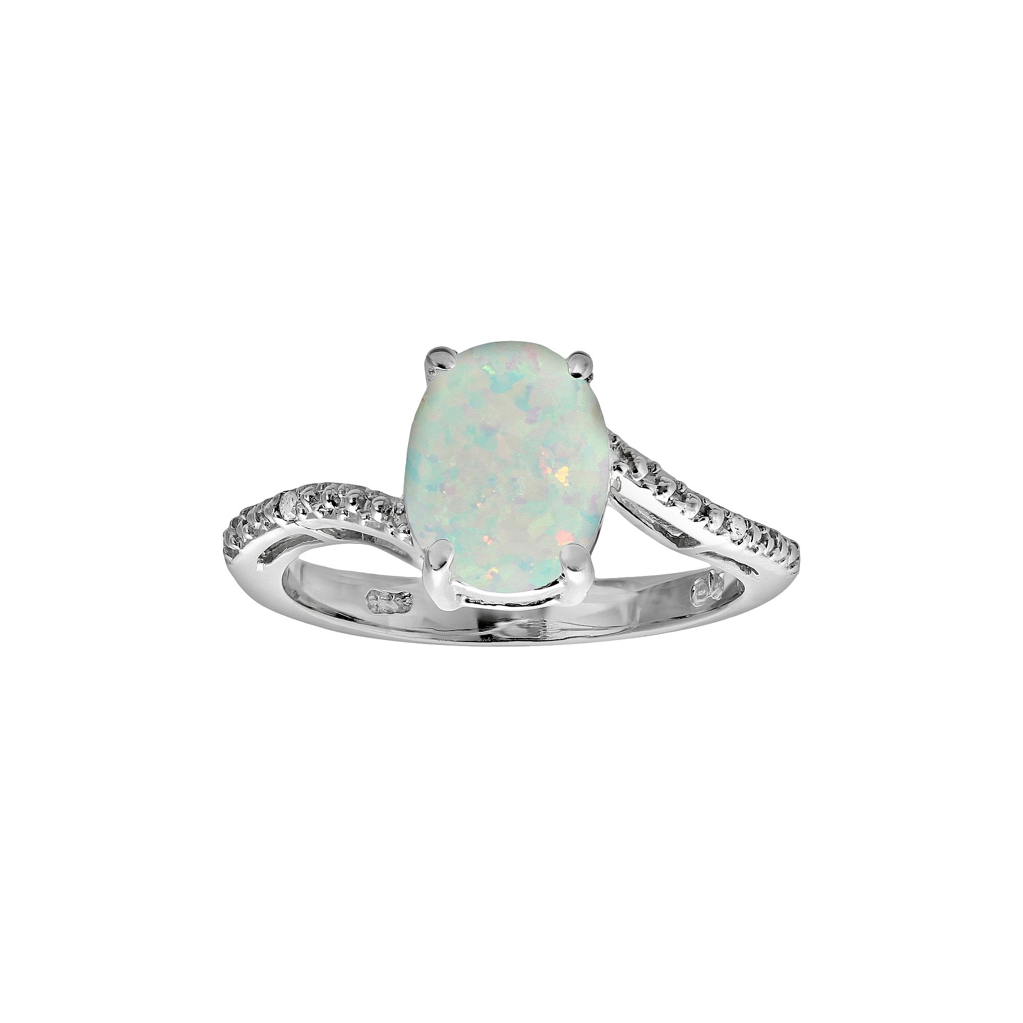 Gemminded Sterling Silver Lab-Created Opal and Diamond Accent Oval Ring, Wo