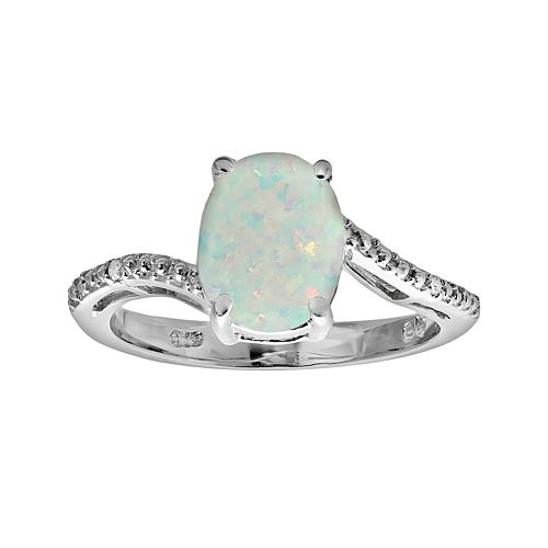 Sterling Silver Lab-Created Opal & Diamond Accent Oval Ring