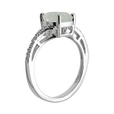 Gemminded Sterling Silver Lab-Created Opal and Diamond Accent Oval Ring