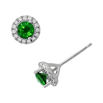 Gemminded Sterling Silver Emerald and .15 ct T.W. Diamond Frame Stud Earrings