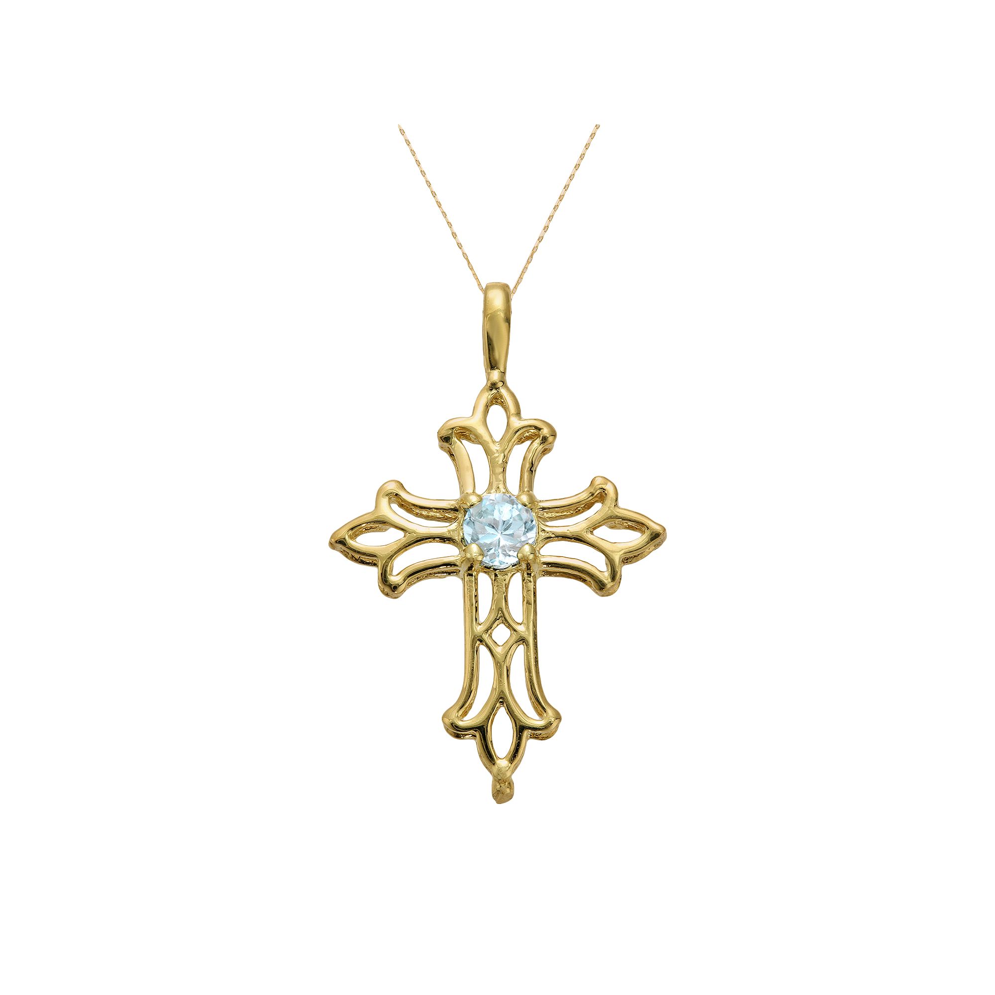 Gemminded 10k Gold Aquamarine Filigree Cross Pendant, Womens, Size: 18,