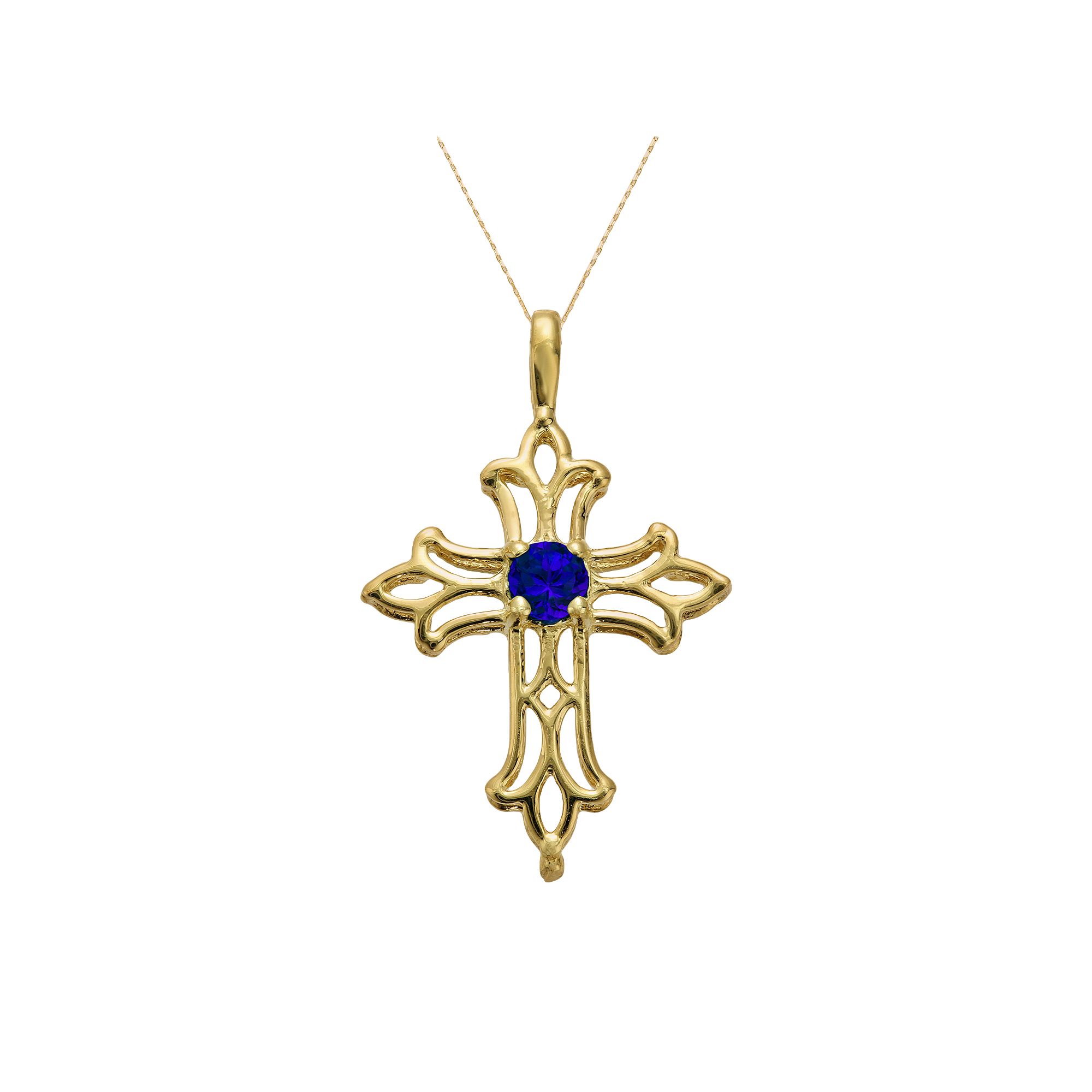Gemminded 10k Gold Lab-Created Sapphire Filigree Cross Pendant, Womens, S