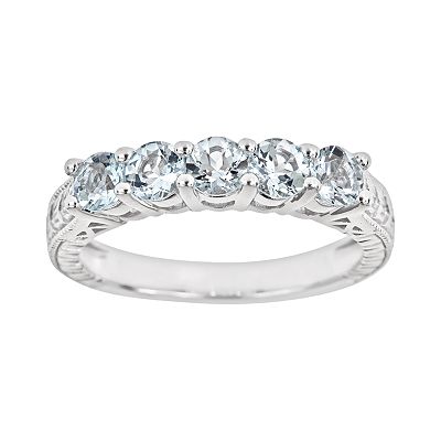 Ladies Sterling Silver 5 Stone Round Cut Aquamarine Ring