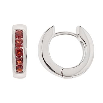 Celebration Gems Sterling Silver Garnet Hinged Hoop Earrings