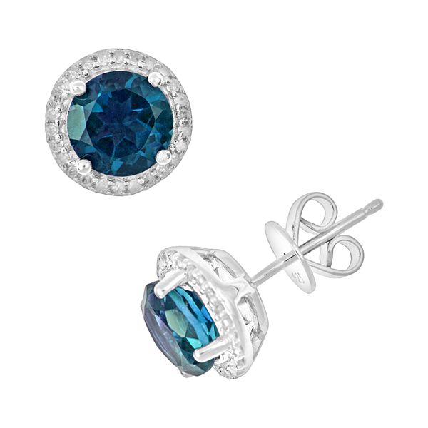 Celebration Gems Sterling Silver London Blue Topaz and .15-ct. T.W. Diamond  Frame Stud Earrings