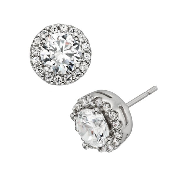 Simulated Gemstone and Clear Cubic Zirconia Halo Stud Earring in 14K Gold Over Sterling Silver