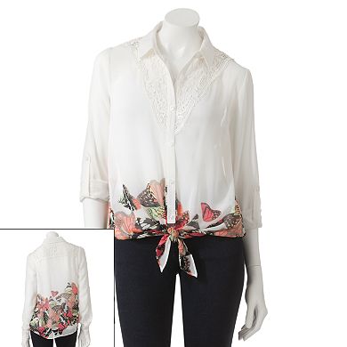 Candie's® Butterfly Crochet Tie-Front Chiffon Top - Juniors