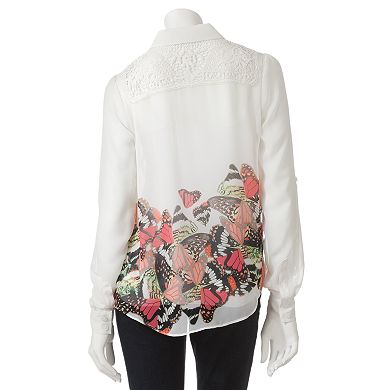 Candie's® Butterfly Crochet Tie-Front Chiffon Top - Juniors