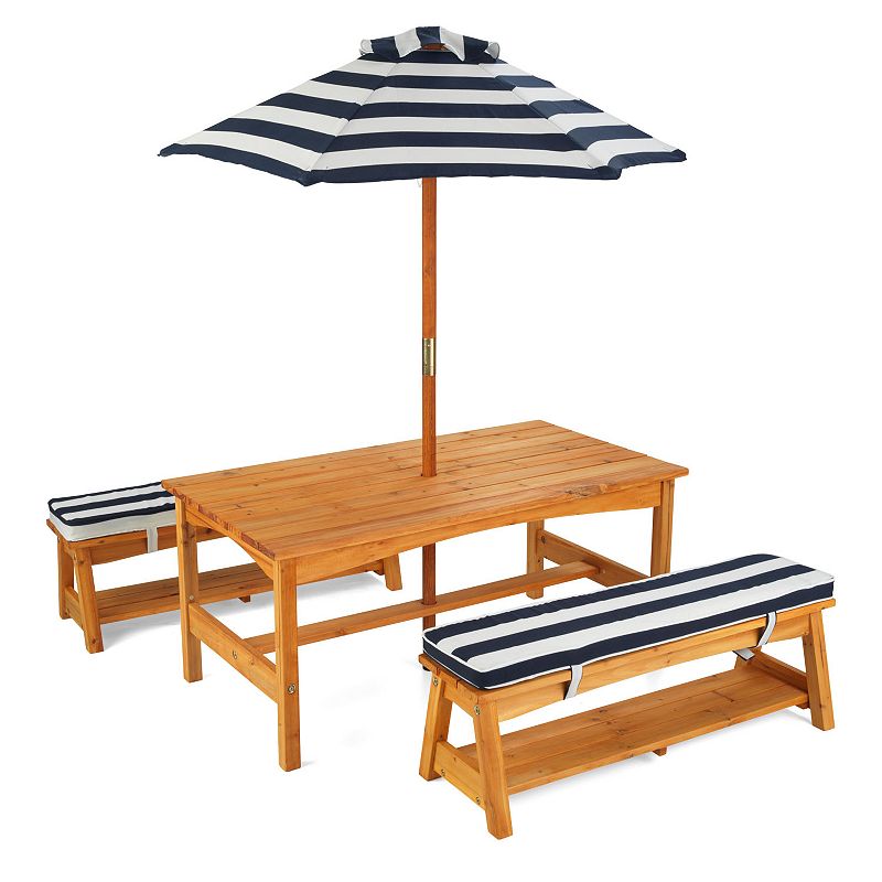 KidKraft Outdoor Wooden Table & Bench with Cushions and Umbrella  Navy  For Ages 3+