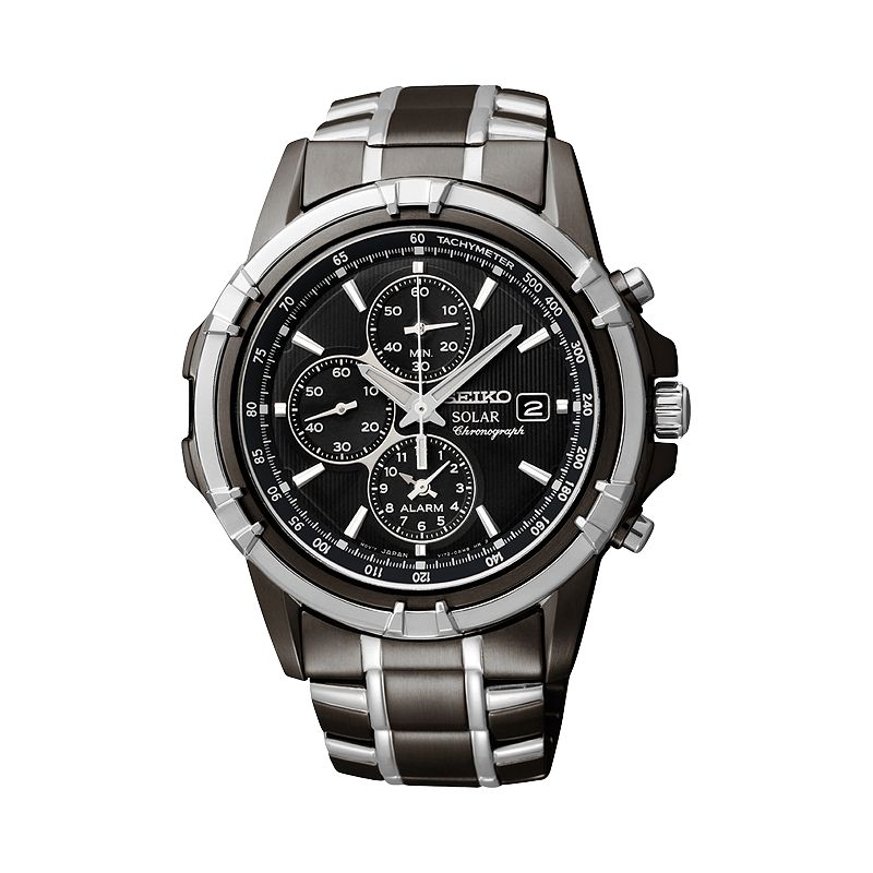 Seiko Men's Two Tone Stainless Steel Solar Chronograph Watch - SSC143, Size: Large, Black/Silver Tone