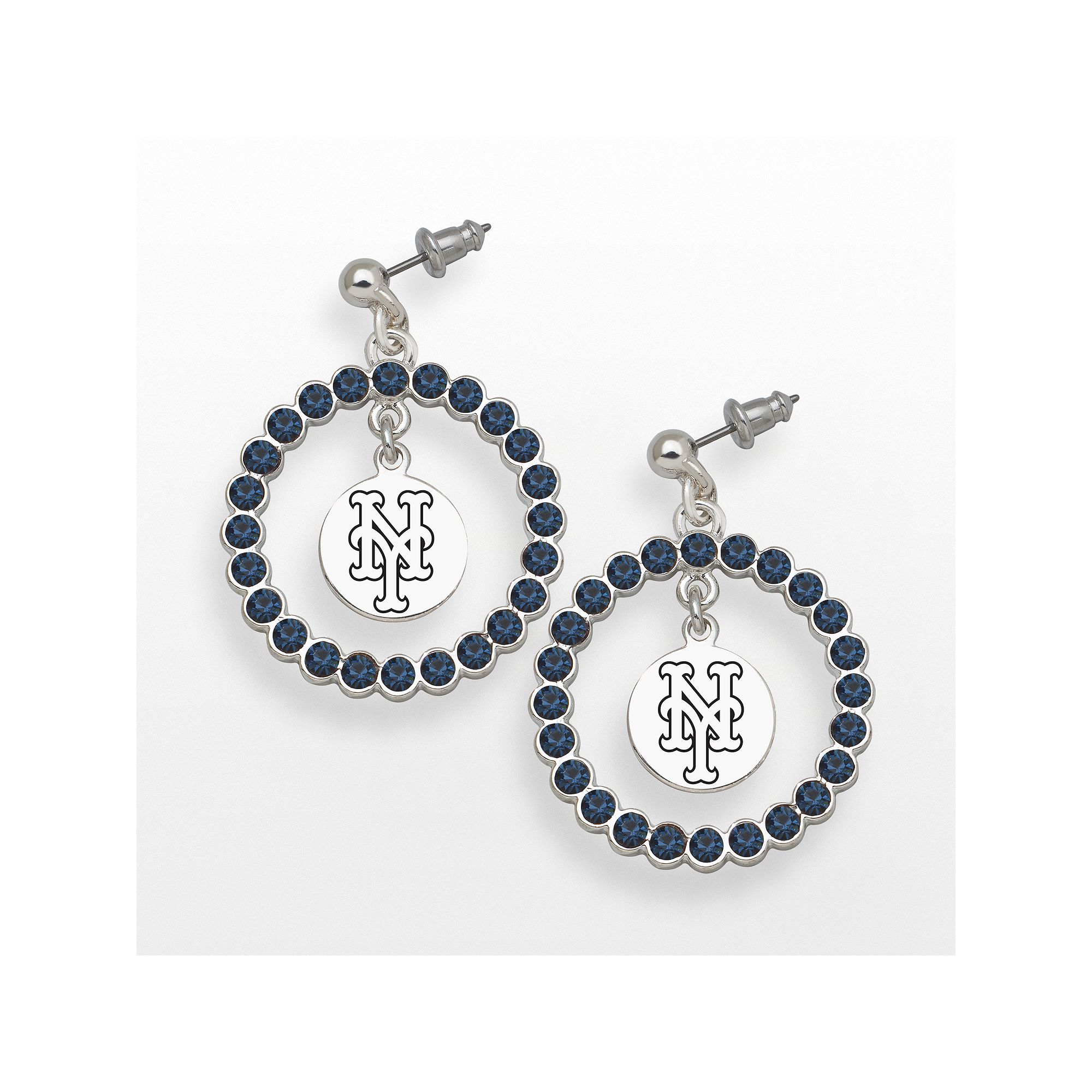 LogoArt New York Mets Silver Tone Crystal Logo Charm Hoop Drop Earrings, Wo