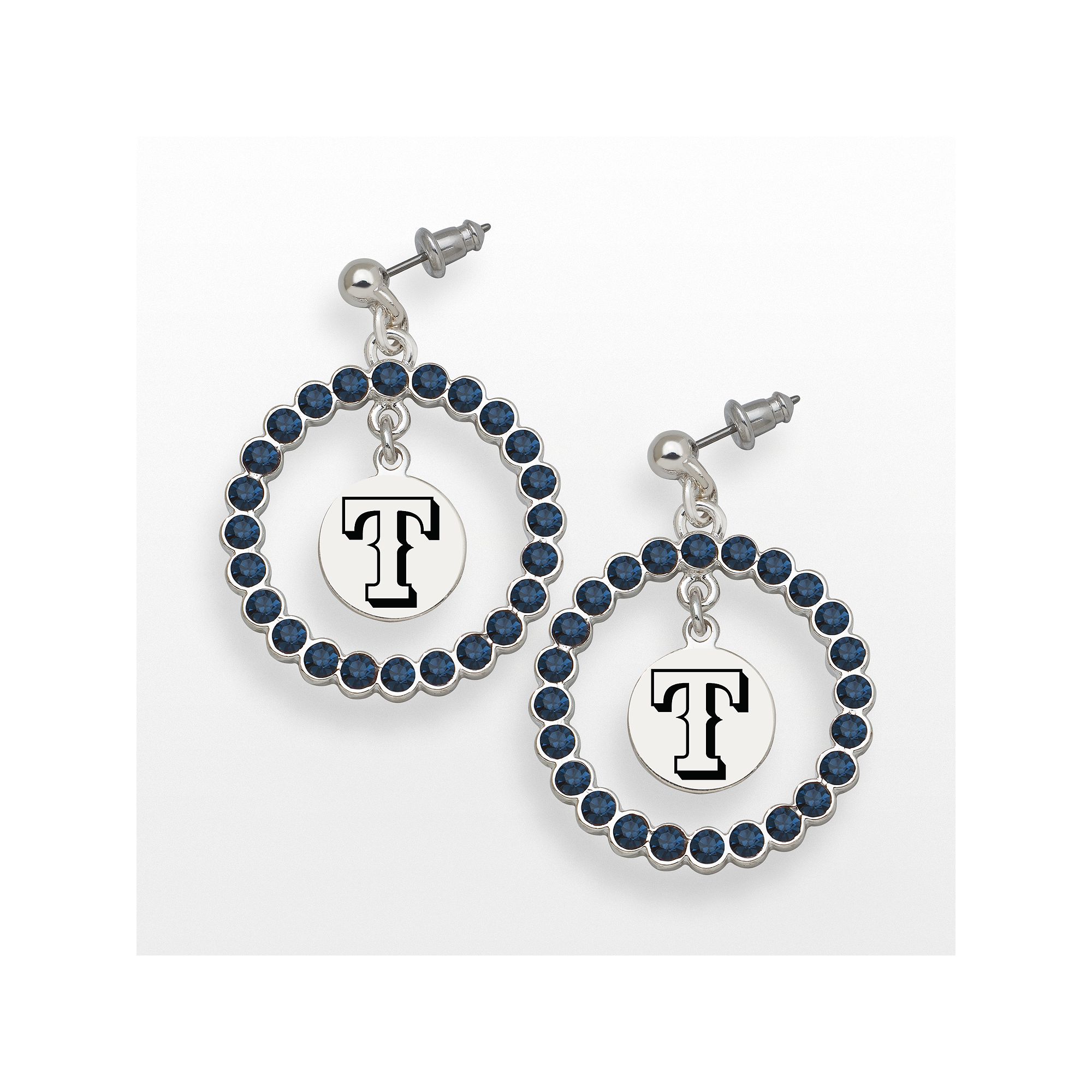LogoArt Texas Rangers Silver Tone Crystal Logo Charm Hoop Drop Earrings, Wo