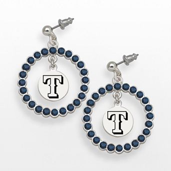 LogoArt Texas Rangers Silver Tone Crystal Logo Charm Hoop Drop Earrings