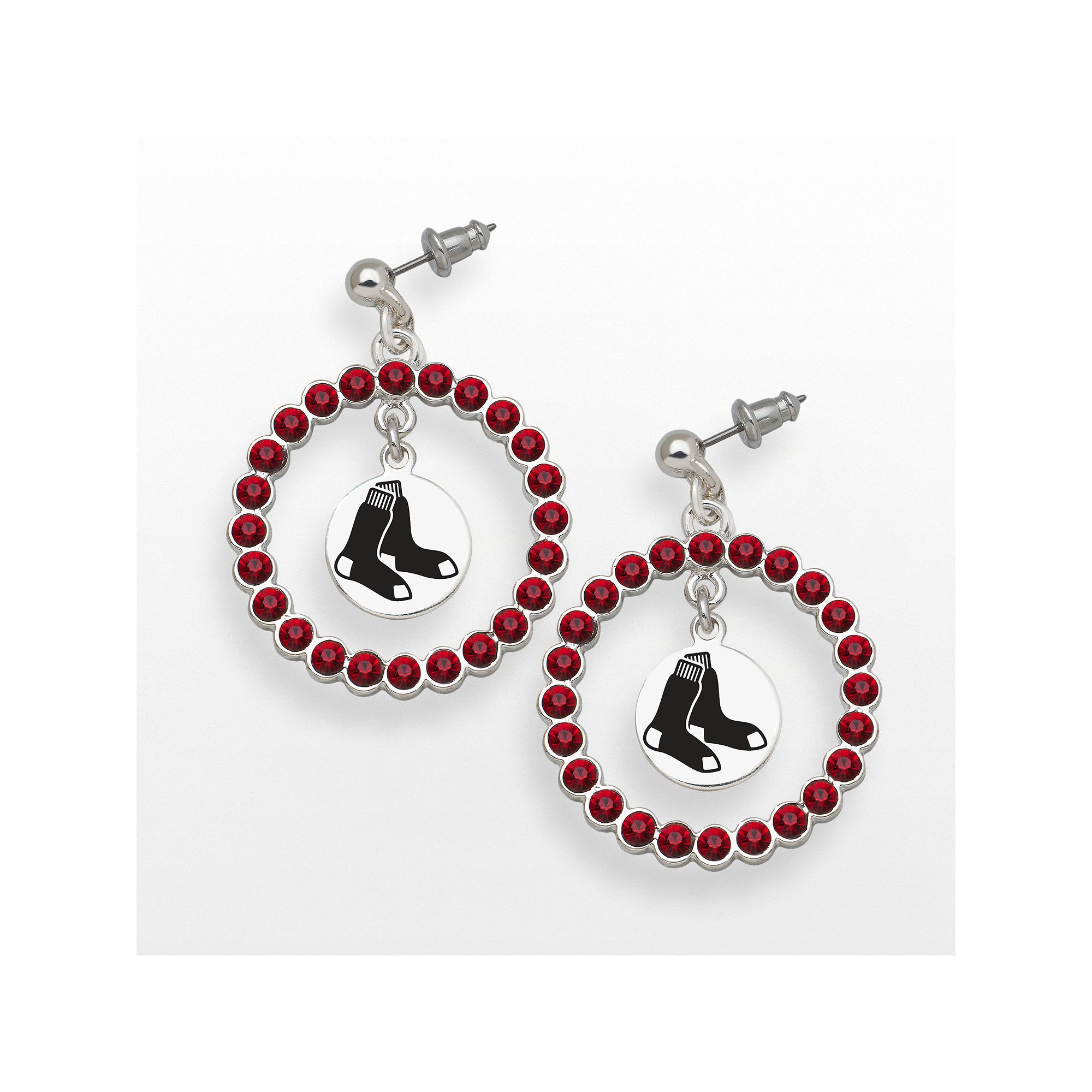 LogoArt Boston Red Sox Silver Tone Crystal Logo Charm Hoop Drop Earrings, W