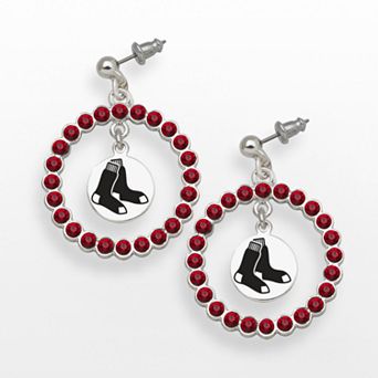 LogoArt Boston Red Sox Silver Tone Crystal Logo Charm Hoop Drop Earrings
