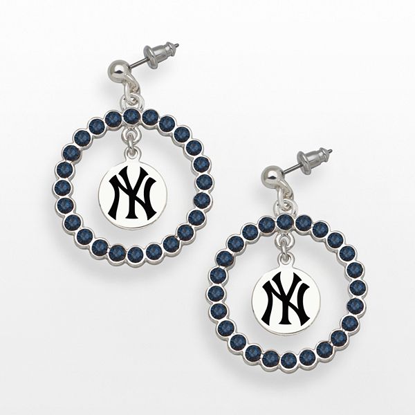 Logoart New York Yankees Silver Tone Crystal Logo Charm Hoop Drop Earrings