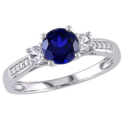 Stella Grace 10k White Gold Lab Created Blue and White Sapphire and Diamond Accent 3 Stone Ring