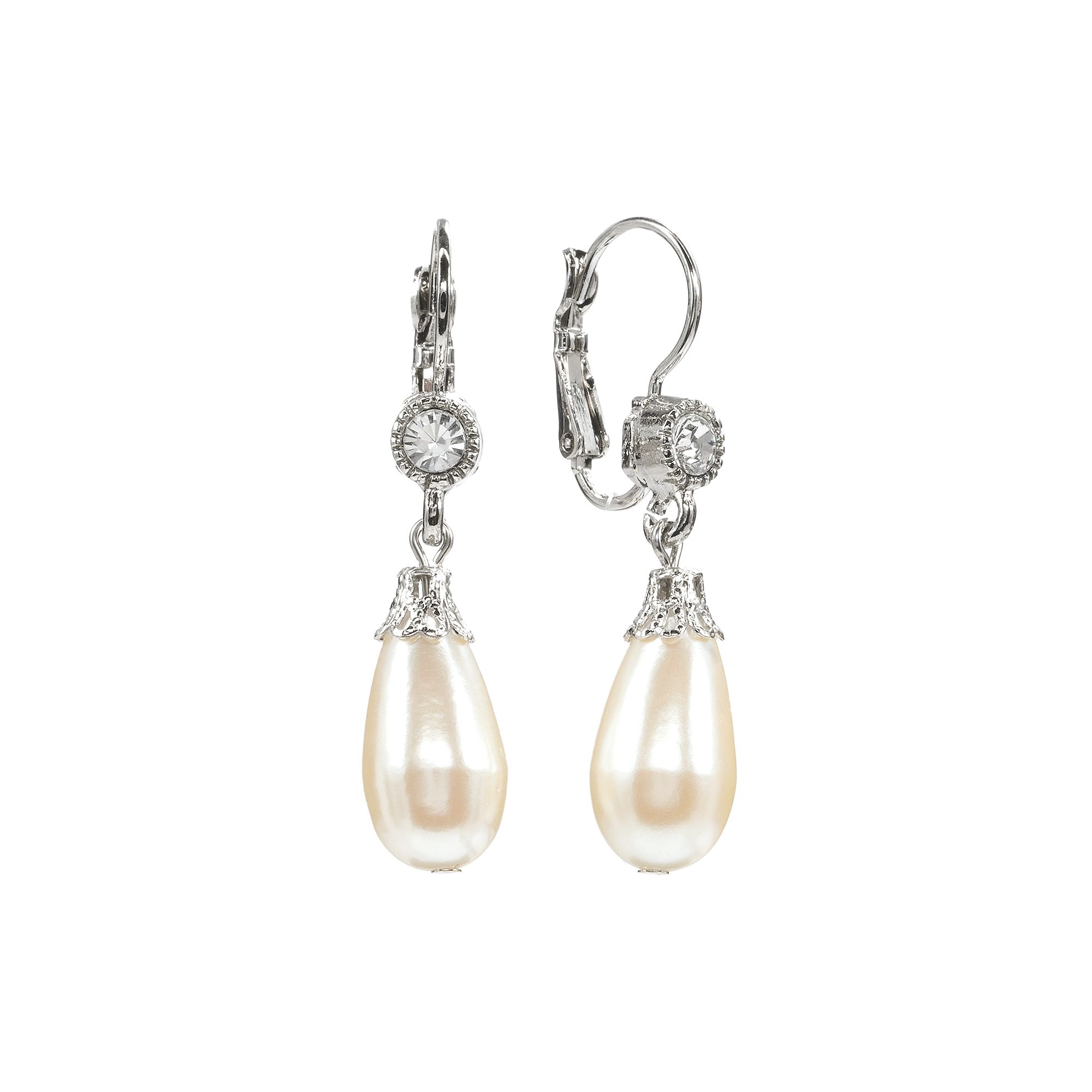 1928 Silver Tone Crystal & Simulated Pearl Drop Earrings, Womens, Grey