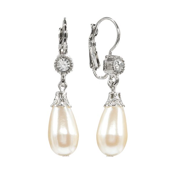 1928 Silver Tone Crystal & Simulated Pearl Drop Earrings