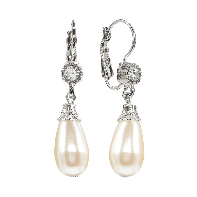 1928 Silver Tone Crystal and Simulated Pearl Drop Earrings, Womens, Grey