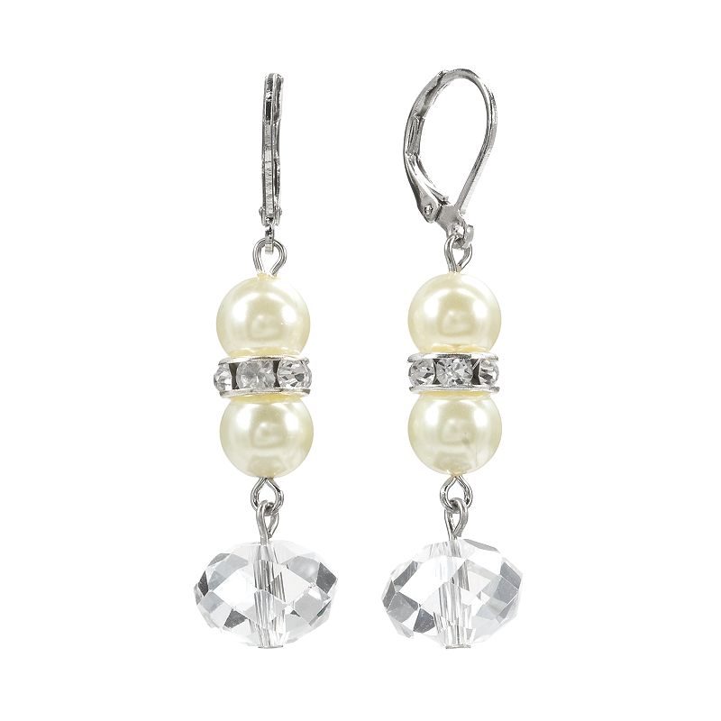 1928 Silver Tone Crystal and Simulated Pearl Linear Drop Earrings, Womens,