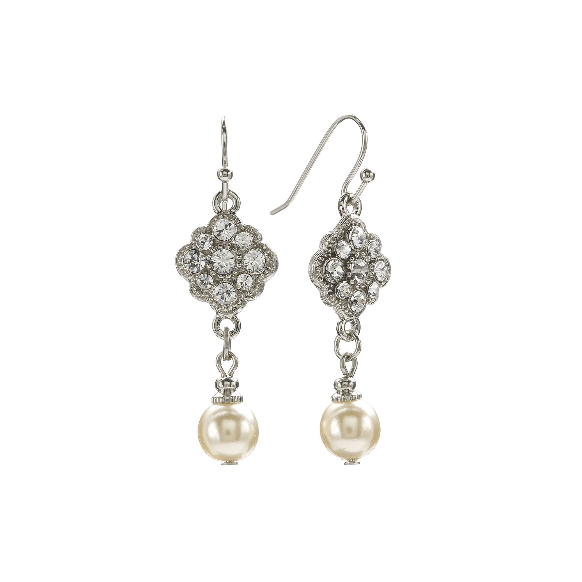 1928 Silver Tone Crystal & Simulated Pearl Drop Earrings, Womens, Grey