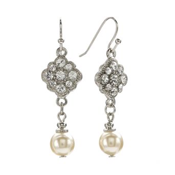 1928 Silver Tone Crystal & Simulated Pearl Drop Earrings