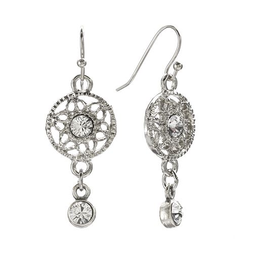 1928 Silver Tone Crystal Filigree Drop Earrings