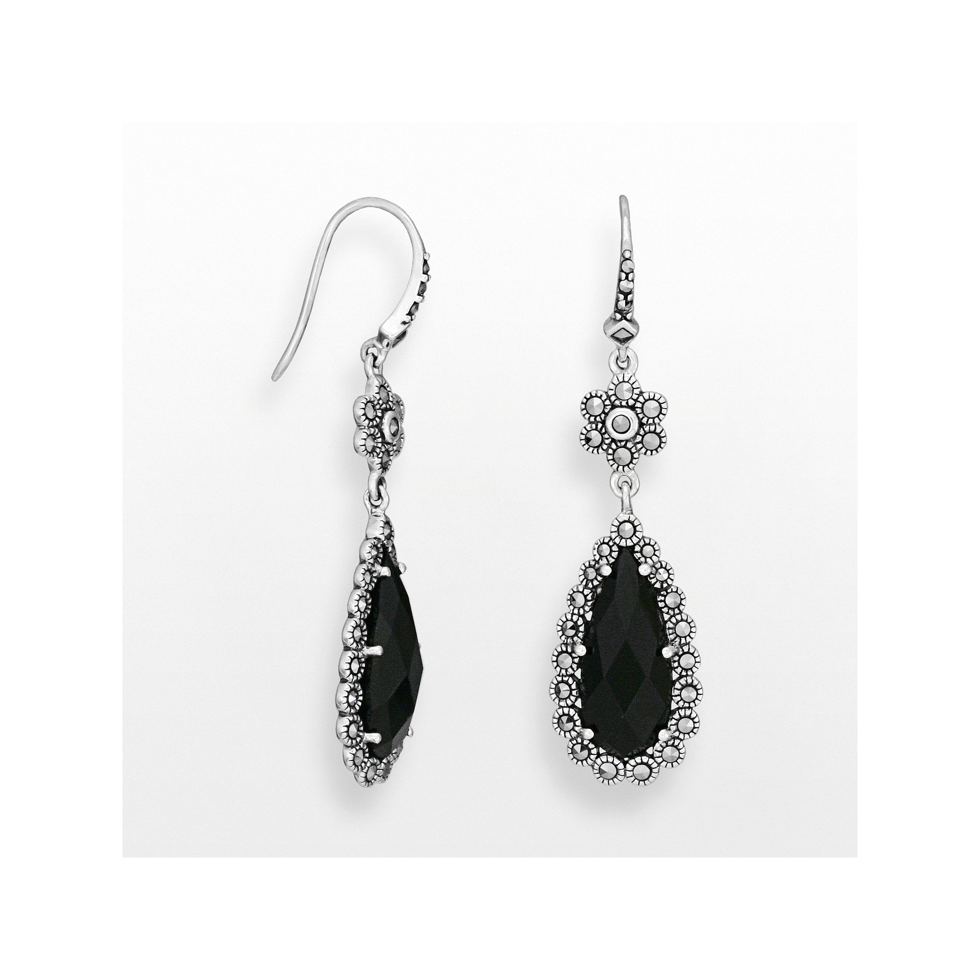 Sterling Silver Black Agate and Marcasite Teardrop Earrings, Womens