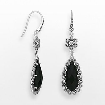 Sterling Silver Black Agate and Marcasite Teardrop Earrings