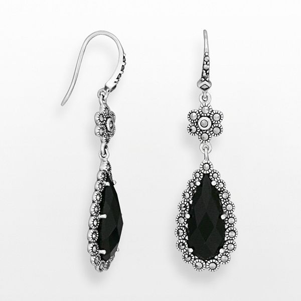Sterling Silver Black Agate & Marcasite Teardrop Earrings