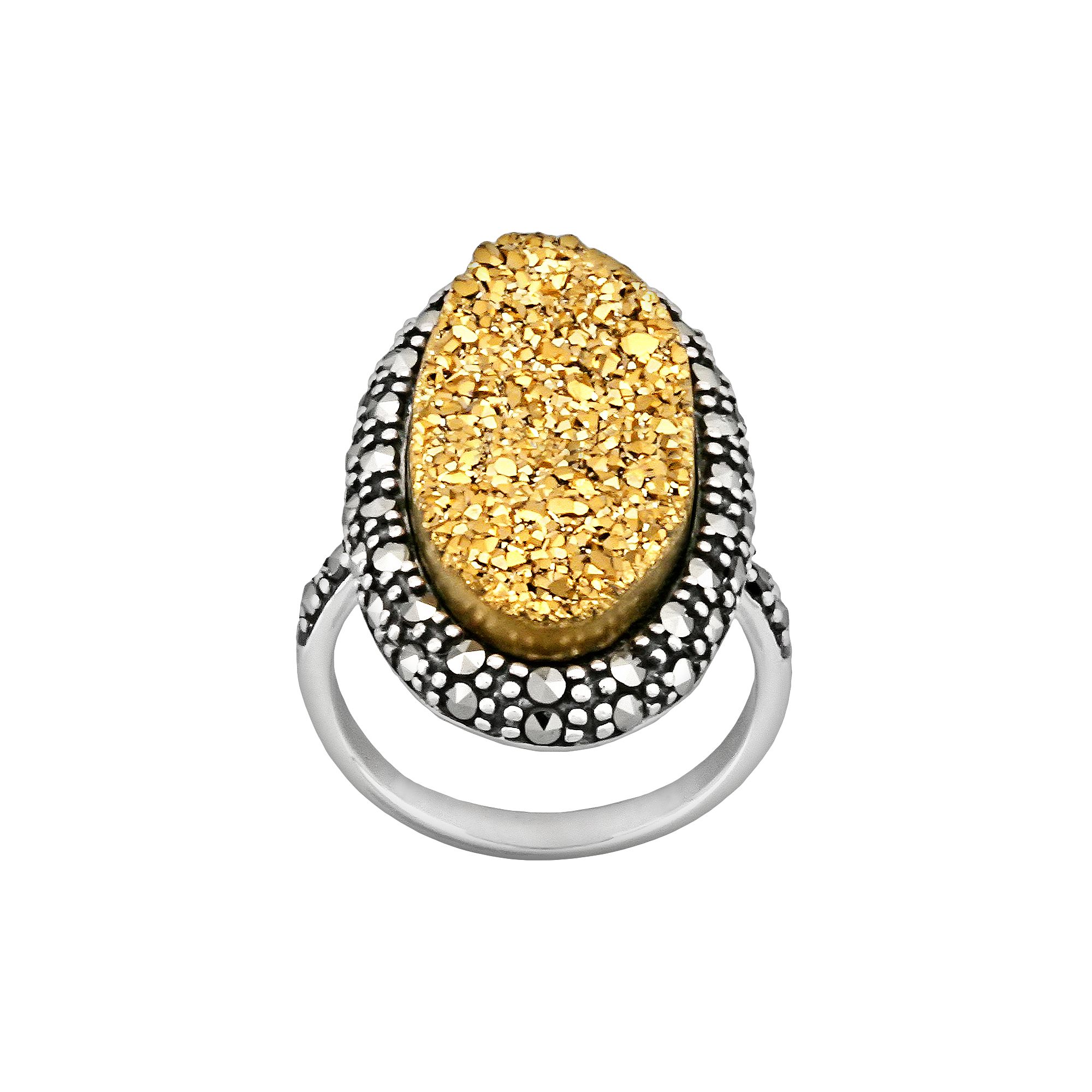 Sterling Silver Golden Drusy & Marcasite Ring, Womens, Size: 6, Multicolor