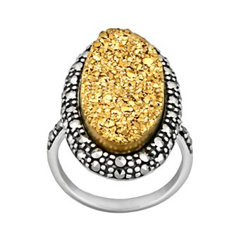 Sterling Silver Golden Drusy and Marcasite Ring