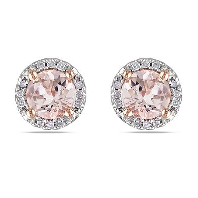 Stella Grace Pink Rhodium-Plated Sterling Silver Morganite and Diamond Accent Halo Stud Earrings