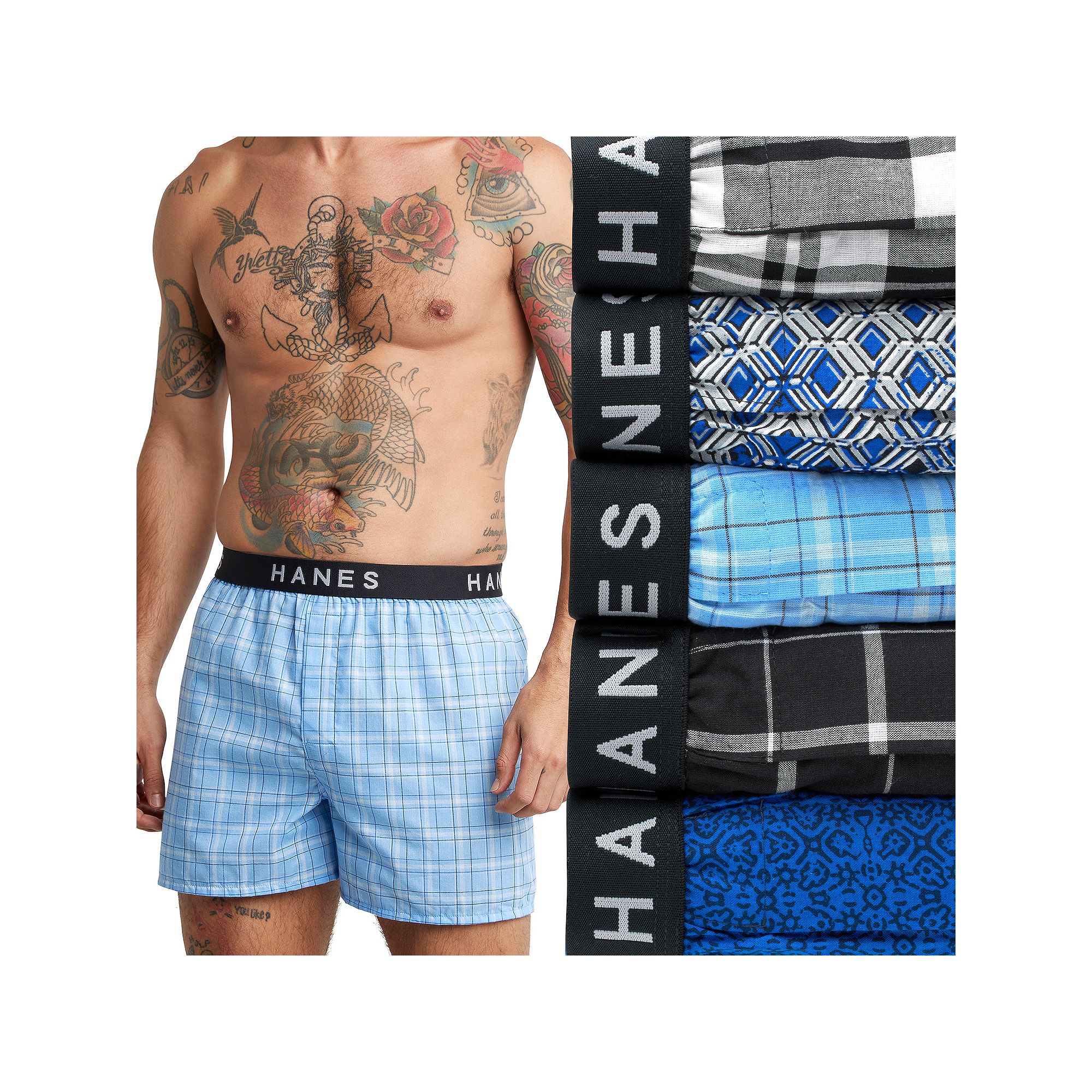 Hanes Ultimate 5-Pack Mens Woven Boxer Underwear, Size: XXL, Black Blue