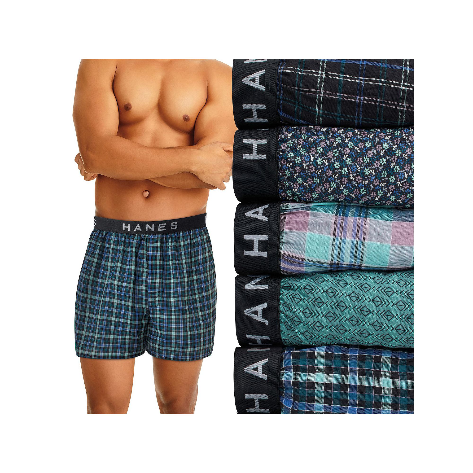 Hanes Ultimate 5-Pack Mens Woven Boxer Underwear, Size: XXL, Green Blue Pl