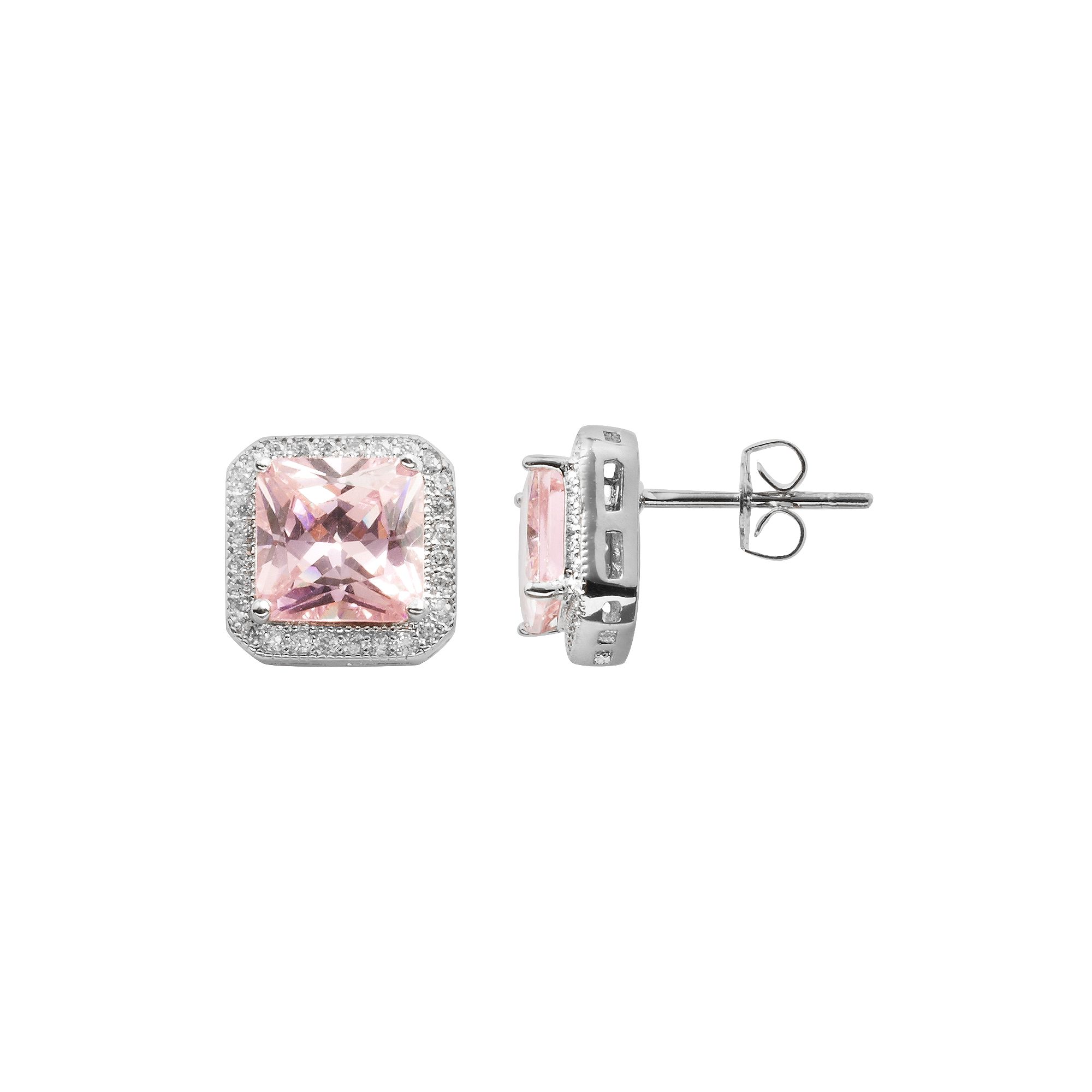 The Silver Lining Silver Plated Pink & White Cubic Zirconia Square Frame St