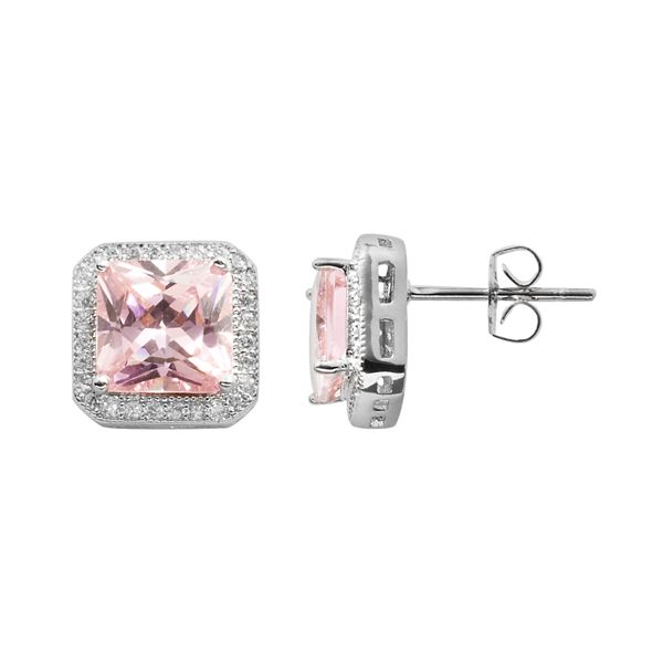 ZARD Pink Round-Cut Cubic Zirconia Halo Stud Earrings In Sterling