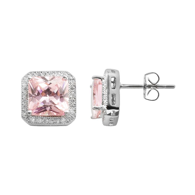 The Silver Lining Silver Plated Pink and White Cubic Zirconia Square Frame 