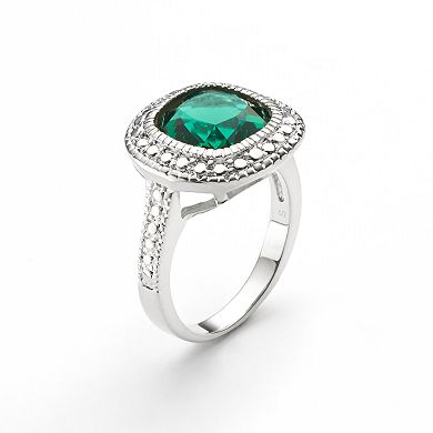 Silver Plate Green Glass Frame Ring