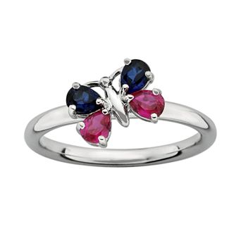 Stacks & Stones Sterling Silver Lab-Created Ruby & Lab-Created Sapphire Butterfly Stack Ring