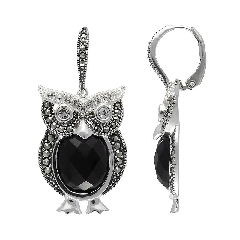 Lavish by TJM Sterling Silver Onyx and Crystal Owl Drop Earrings, Womens, 