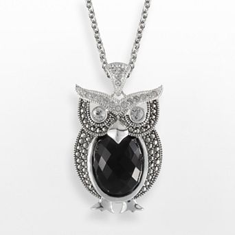 Lavish by TJM Sterling Silver Onyx & Crystal Owl Pendant
