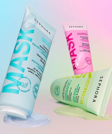 Three different colored contrainers of Sephora MASK products.