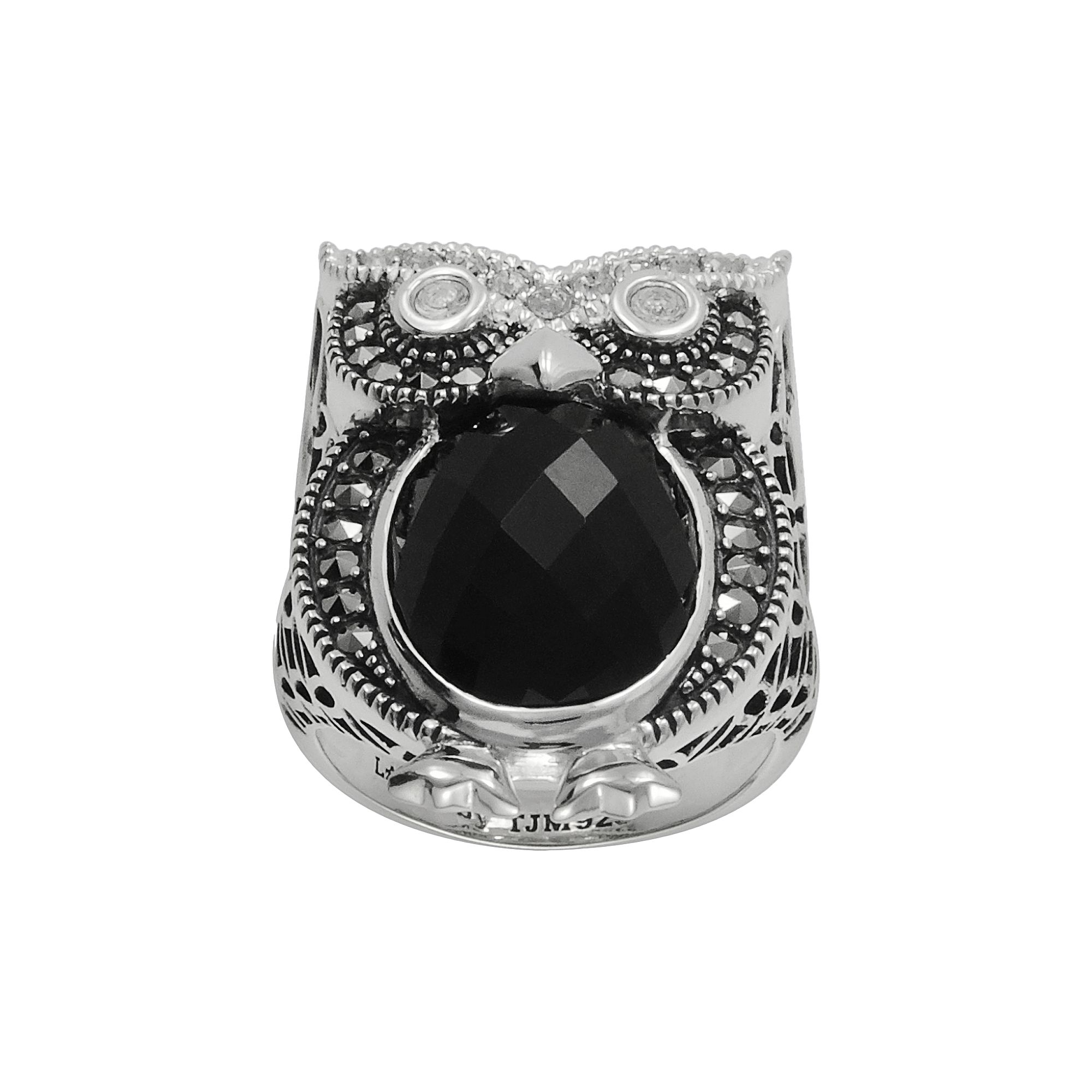 Lavish by TJM Sterling Silver Onyx & Crystal Owl Ring, Womens, Size: 8, Bl