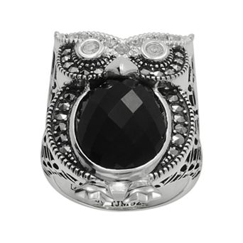 Lavish by TJM Sterling Silver Onyx & Crystal Owl Ring
